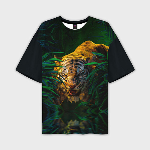 Мужская футболка оверсайз Крадущийся тигр в джунглях / 3D-принт – фото 1