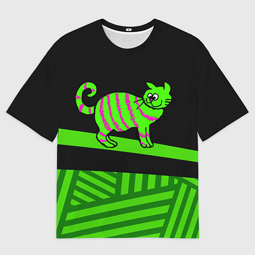 Мужская футболка оверсайз Зеленый полосатый кот / 3D-принт – фото 1