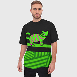 Футболка оверсайз мужская Зеленый полосатый кот, цвет: 3D-принт — фото 2
