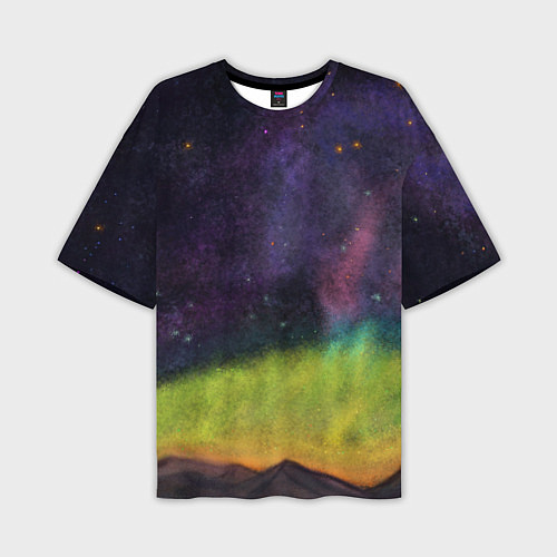 Мужская футболка оверсайз Горный пейзаж со звёздным небом и северным сиянием / 3D-принт – фото 1