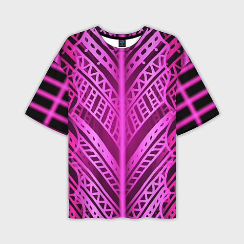 Мужская футболка оверсайз Неоновая абстракция Розовый светящийся узор на тем / 3D-принт – фото 1