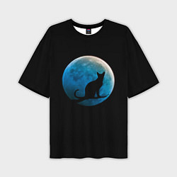 Мужская футболка оверсайз Силуэт кота на фоне синей луны