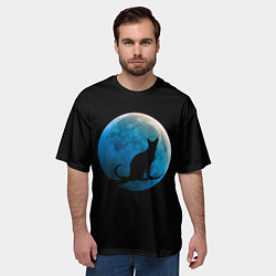 Футболка оверсайз мужская Силуэт кота на фоне синей луны, цвет: 3D-принт — фото 2