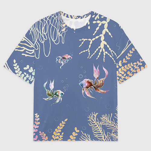 Мужская футболка оверсайз Разноцветные акварельные рыбки с морскими водоросл / 3D-принт – фото 1