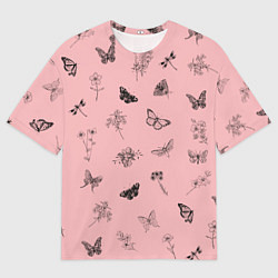 Футболка оверсайз мужская Цветочки и бабочки на розовом фоне, цвет: 3D-принт