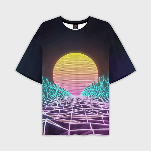 Мужская футболка оверсайз Vaporwave Закат солнца в горах Neon / 3D-принт – фото 1