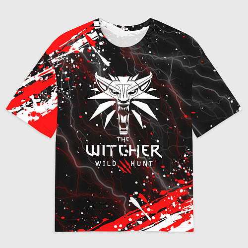 Мужская футболка оверсайз THE WITCHER ВОЛК БРЫЗГИ КРАСОК МОЛНИИ / 3D-принт – фото 1