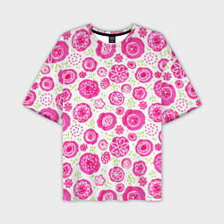 Мужская футболка оверсайз Яркие розовые цветы в дудл стиле, абстракция