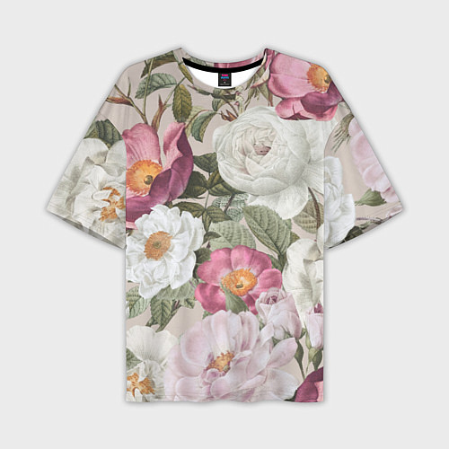 Мужская футболка оверсайз Цветы Розовый Сад Пион и Роз / 3D-принт – фото 1