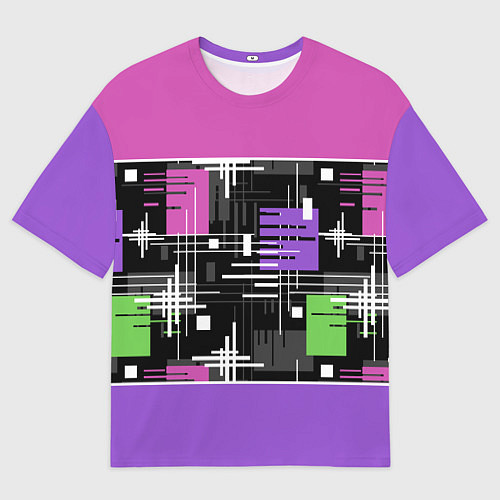 Мужская футболка оверсайз Розово-фиолетовый геометрические фигуры и полосы / 3D-принт – фото 1