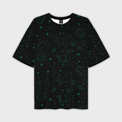 Мужская футболка оверсайз Черный паттерн космические объекты / 3D-принт – фото 1
