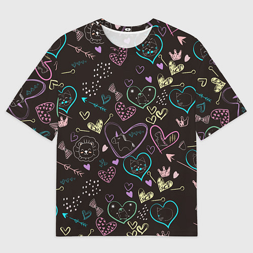 Мужская футболка оверсайз Паттерн милые животные и сердечки / 3D-принт – фото 1