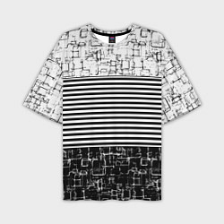 Мужская футболка оверсайз Черно-белый комбинированный абстрактный с полосаты