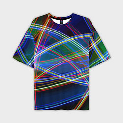 Мужская футболка оверсайз Разноцветные неоновые линии Абстракция Multicolore