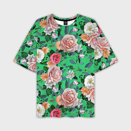Мужская футболка оверсайз Нежные розы на изумрудном фоне / 3D-принт – фото 1