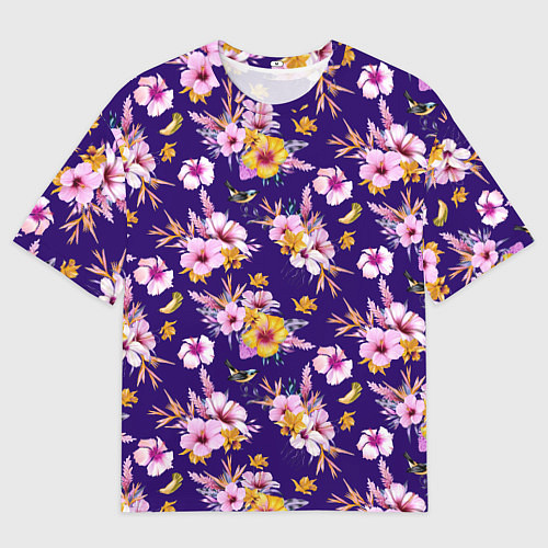 Мужская футболка оверсайз Цветы Разноцветные Гибискус и Ирисы На Синем Фоне / 3D-принт – фото 1
