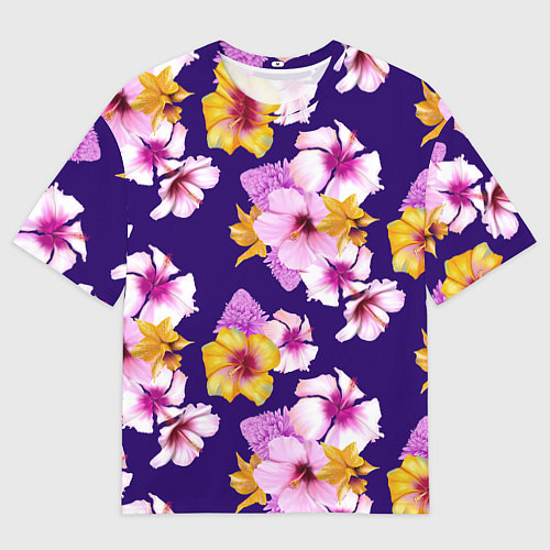Мужская футболка оверсайз Цветы Розовые Гибискус и Оранжевые Ирисы На Синем / 3D-принт – фото 1