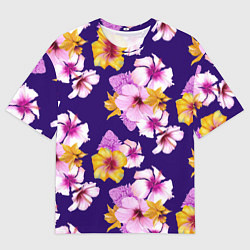 Мужская футболка оверсайз Цветы Розовые Гибискус и Оранжевые Ирисы На Синем