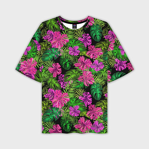 Мужская футболка оверсайз Тропические листья и цветы на черном фоне / 3D-принт – фото 1