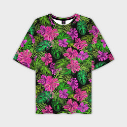 Мужская футболка оверсайз Тропические листья и цветы на черном фоне