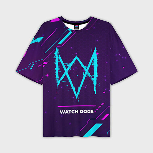 Мужская футболка оверсайз Символ Watch Dogs в неоновых цветах на темном фоне / 3D-принт – фото 1