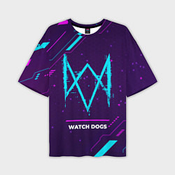 Мужская футболка оверсайз Символ Watch Dogs в неоновых цветах на темном фоне