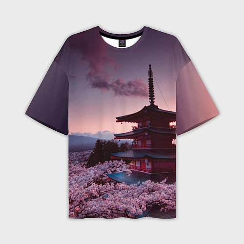 Мужская футболка оверсайз Цветение сакуры в Японии / 3D-принт – фото 1