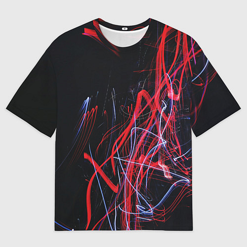 Мужская футболка оверсайз Неоновые лучи в абстракции - Красный и синий / 3D-принт – фото 1