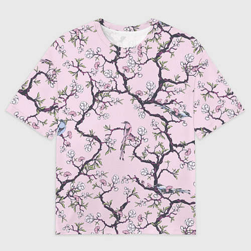 Мужская футболка оверсайз Цветы Сакуры и Птицы На Ветках / 3D-принт – фото 1