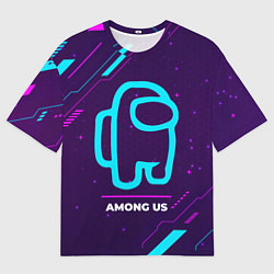 Мужская футболка оверсайз Символ Among Us в неоновых цветах на темном фоне