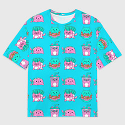 Мужская футболка оверсайз CAT HOT DOGS FAST FOOD BURGER FRENCH FRIES COCKTAI