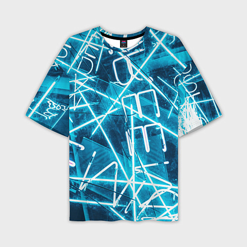 Мужская футболка оверсайз Неоновые лучи и неоновые надписи - Голубой / 3D-принт – фото 1
