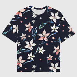 Мужская футболка оверсайз Цветы Нарисованные Акварелью На Чёрном Фоне
