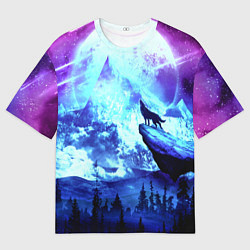 Мужская футболка оверсайз Волк, луна, скала