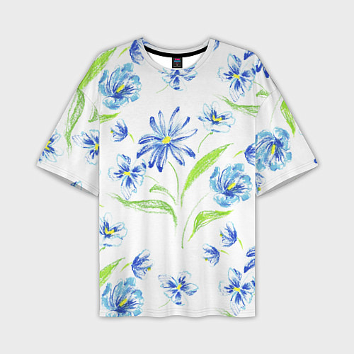 Мужская футболка оверсайз Цветы Синие Нарисованные Карандашами / 3D-принт – фото 1