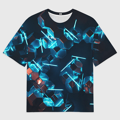 Мужская футболка оверсайз Неоновые фигуры с лазерами - Голубой / 3D-принт – фото 1