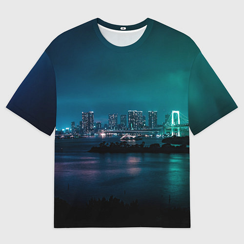 Мужская футболка оверсайз Неоновый город с рекой - Светло-зелёный / 3D-принт – фото 1