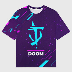 Мужская футболка оверсайз Символ Doom в неоновых цветах на темном фоне