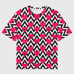 Футболка оверсайз мужская Красные сердца на черно-белом фоне зигзаг, цвет: 3D-принт