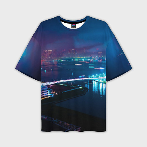 Мужская футболка оверсайз Неоновый город и мост - Синий / 3D-принт – фото 1