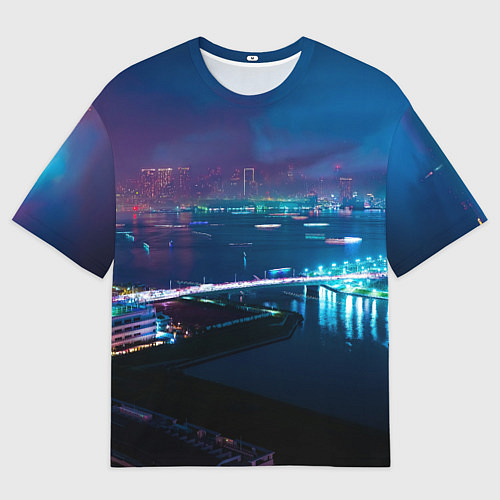 Мужская футболка оверсайз Неоновый город и мост - Синий / 3D-принт – фото 1