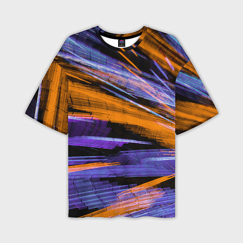 Мужская футболка оверсайз Неоновые прерывающиеся линии - Оранжевый и фиолето / 3D-принт – фото 1