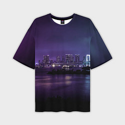 Мужская футболка оверсайз Неоновый город с рекой - Фиолетовый