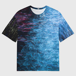 Мужская футболка оверсайз Неоновые волны на воде - Синий