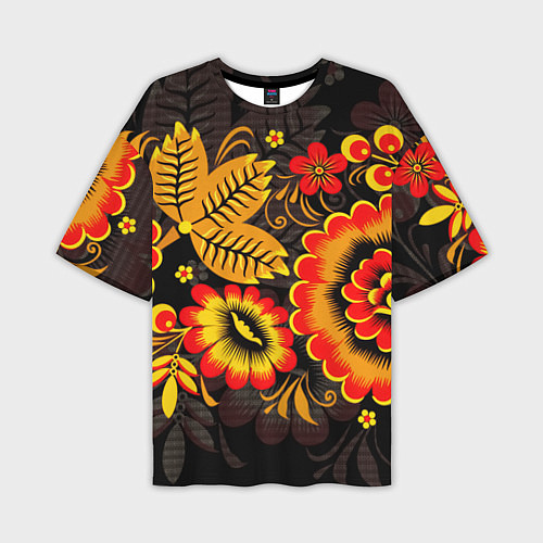 Мужская футболка оверсайз Хохломская Роспись Цветы На Тёмном Фоне / 3D-принт – фото 1