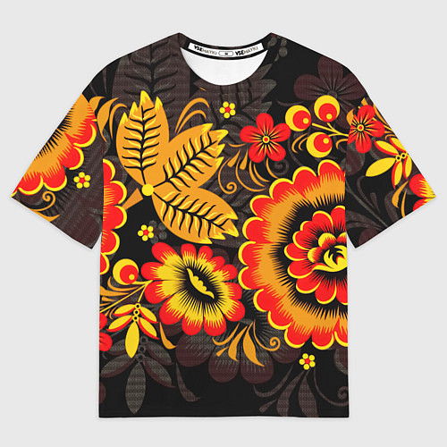 Мужская футболка оверсайз Хохломская Роспись Цветы На Тёмном Фоне / 3D-принт – фото 1