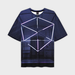 Мужская футболка оверсайз Неоновый прерывистый куб во тьме - Фиолетовый