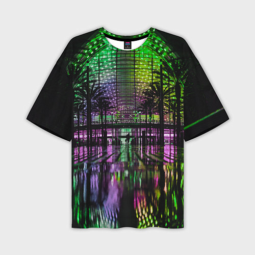 Мужская футболка оверсайз Неоновое здание ночью - Зелёный / 3D-принт – фото 1