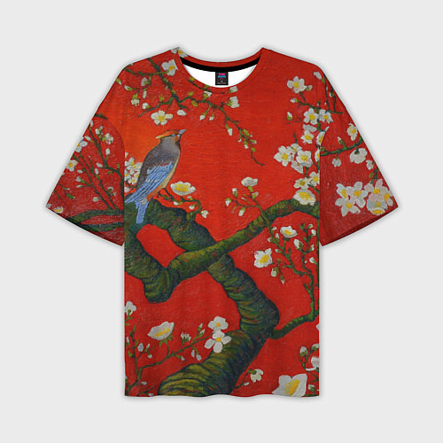Мужская футболка оверсайз Птица на ветвях сакуры / 3D-принт – фото 1