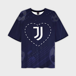 Футболка оверсайз мужская Лого Juventus в сердечке на фоне мячей, цвет: 3D-принт